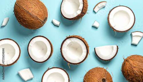 Whole and halved coconuts with scattered pieces on a bright blue background whole coconut