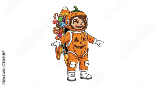 Astronaut Pumpkin: A whimsical illustration of a child in a pumpkin astronaut suit, ready for Halloween adventure
