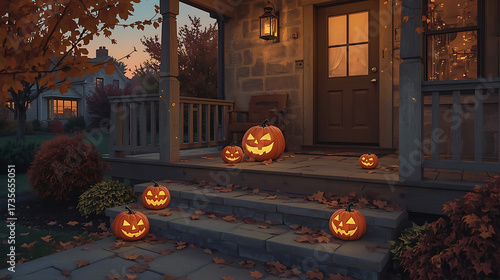 Quadro su tela Charming Halloween display with glowing jack-o'-lanterns on a cozy porch at twil