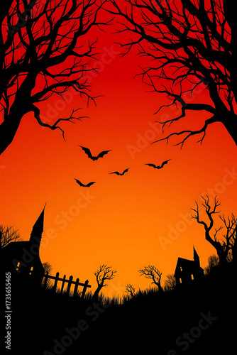 Spooky Halloween night scene with silhouetted haunted house, bats flying against a fiery red sky, perfect for seasonal designs and thrilling visuals