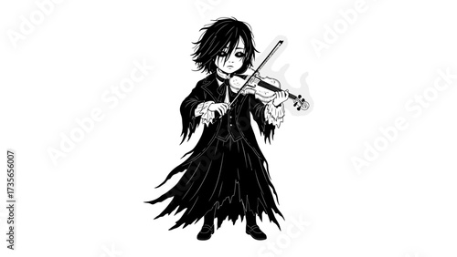 Melancholy Violinist: A solitary figure, adorned in black attire, pours their soul into the strings of a violin, each note a testament to raw emotion.