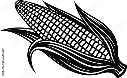 Black Silhouette of a Corn Cob with Leaves on White Background maize food