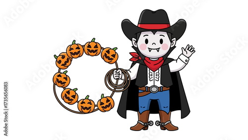 Cowboy Vampire's Halloween Display: An illustrative depiction of a charming cowboy vampire holding a decorative string of carved pumpkin.