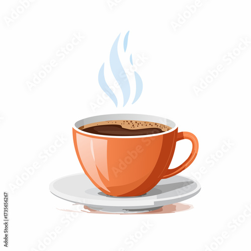Illustration of a steaming cup of coffee in an orange mug on a white saucer.