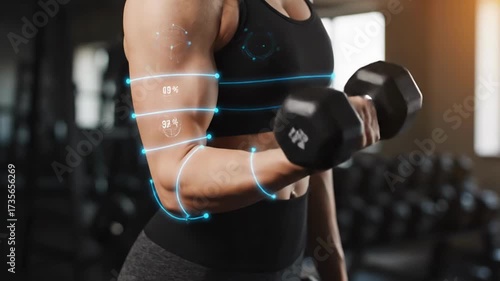 Augmented reality fitness: woman lifting dumbbells with data overlay in modern gym