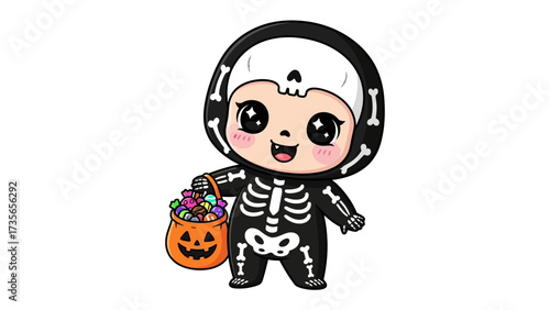 Halloween Cutie: An adorable cartoon character, dressed as a skeleton, clutches a jack-o'-lantern bucket filled with colorful candies, ready for a night of trick-or-treating. 