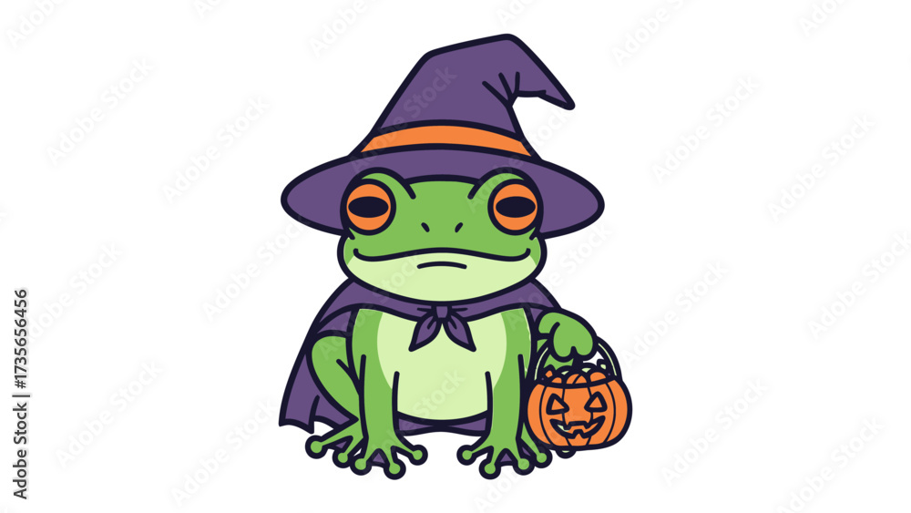 Fototapeta premium A Whimsical Halloween Frog: A charming illustration features a frog dressed as a witch for the holiday, holding a carved pumpkin, full of festive spirit.