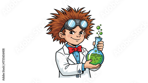 Young Scientist: A determined young scientist, with bright goggles and an inquisitive expression, holds a bubbling flask of vibrant liquid, symbolizing the exciting world of science and discovery.