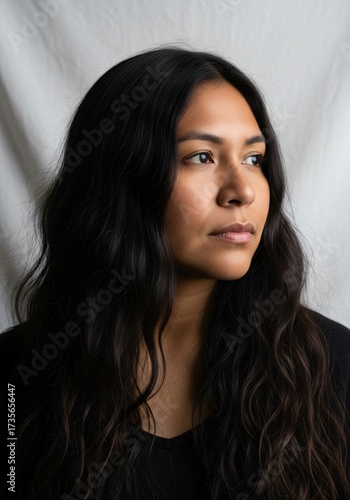 Portrait of a young indigenous woman with long dark wavy hair, looking to the side with a thoughtful expression, studio lighting, neutral background