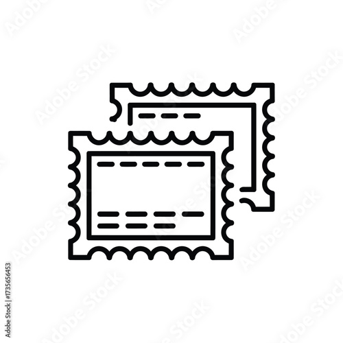 Two stylized postage stamps with perforated edges and dashed lines