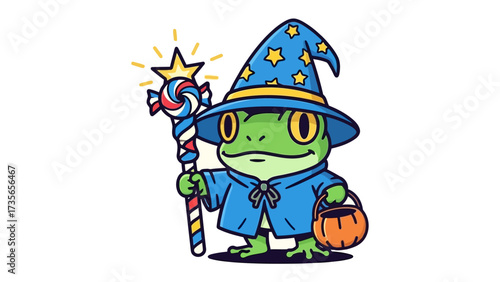 Frog Wizard with Magic Wand: A whimsical illustration of a frog dressed as a wizard, complete with a pointy hat and a magic wand topped with a shining star, ready to perform magic.