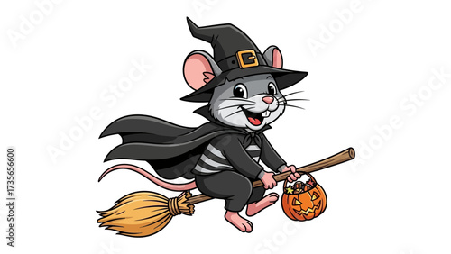 Whimsical Halloween Mouse: A delightful cartoon mouse, clad in a witch's hat and cloak, soars through the sky on a broomstick, embodying the enchanting spirit of Halloween.