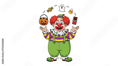 The Playful Juggler: A cartoon clown, complete with red hair and big smile, juggles various Halloween treats, creating a whimsical scene of festive cheer and candy abundance.