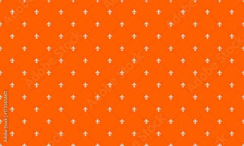 Vibrant orange background with a repeating pattern of small, elegant fleurdelis.  Perfect for web design, textile prints, or branding projects needing a touch of sophistication and classic style.