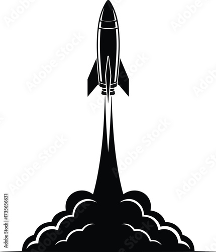 Black silhouette of a rocket launching with a plume of smoke space spaceship