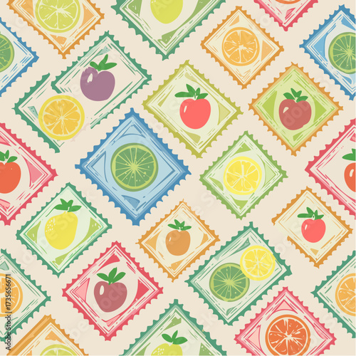Colorful fruit pattern with lemons, limes, oranges, strawberries, and tomatoes.