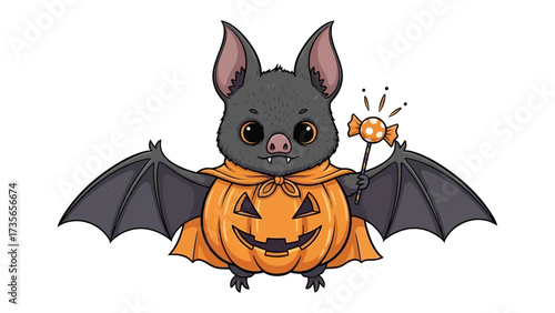 Halloween Bat in Costume: This charming illustration features a friendly bat dressed up for Halloween, perched in a carved pumpkin and holding a glowing candy. 