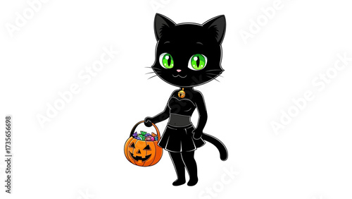 Whimsical Halloween Cat: A charming black cat, dressed in a festive outfit, strolls with a carved pumpkin basket, offering the viewer a glimpse into the spirit of autumn fun and enchantment.