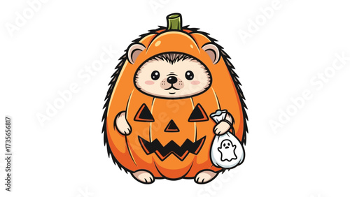Hedgehog in Pumpkin Costume: A charming illustration of a hedgehog dressed up in an adorable pumpkin costume, perfect for Halloween. holding a treat bag, and ready for trick or treat. 