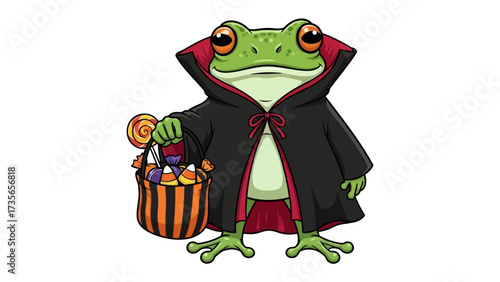 Halloween Frog in Costume: A whimsical illustration depicts a frog, transformed into a costumed character for the festive season, clutching a treat-filled bag, ready for trick-or-treating.