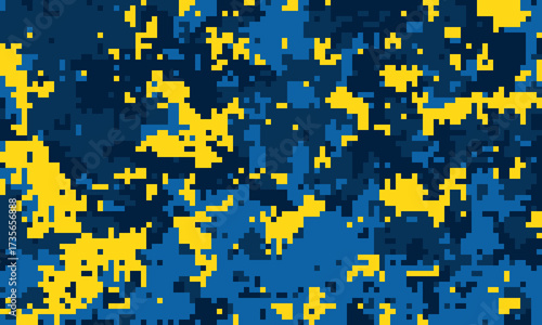Abstract pixelated camouflage pattern in vibrant blue and yellow. Ideal for backgrounds, textiles, and modern designs.
