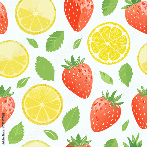Seamless pattern with strawberries, lemon slices and mint leaves on white background.