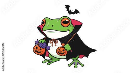 Frog in Halloween Costume: A charming frog in a Halloween costume, complete with a cape, carrying a pumpkin bucket, and adorned with a tiny bat, evokes the whimsy of the spooky season. 