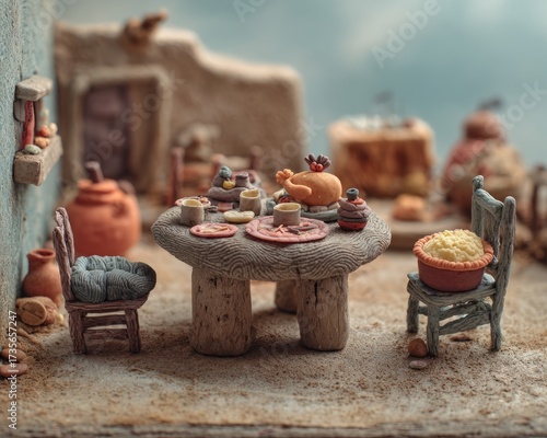 Plasticine Thanksgiving scene miniature table with sculpted food texture