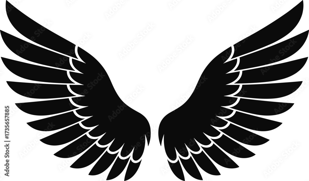 Fototapeta premium Black Silhouette of Angel Wings Spread Open bird feather
