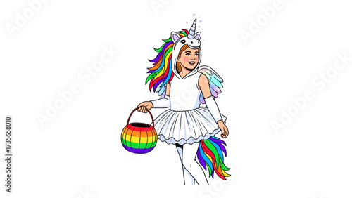 Magical Unicorn Costume: A young girl radiates joy, dressed in a vibrant unicorn costume and holding a rainbow-colored basket, embodying the whimsical spirit of childhood.