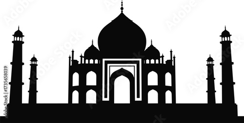 Black Silhouette of the Taj Mahal on White Background Keywords: Taj Mahal, monument