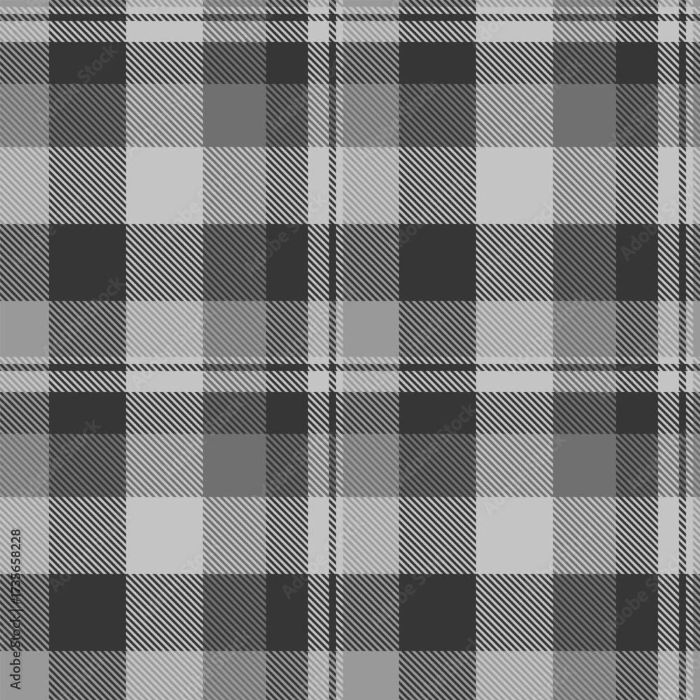 Monochrome plaid pattern. Seamless, textured fabric design in gray scale. Classic textile for background, apparel, and graphic design. Versatile, neutral.