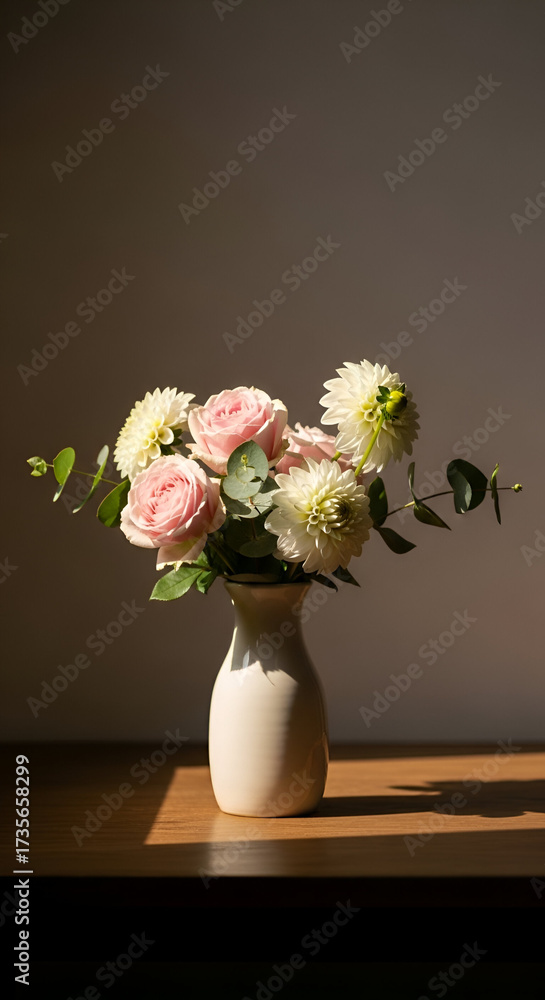 Fototapeta premium A vase of flowers in soft warm lighting, minimal still life artistic composition.