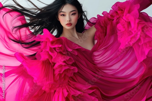 A stunning Asian model in a dramatic, flowing fuchsia gown, her black hair windswept. Elegant and vibrant, with captivating makeup, showcasing high fashion allure.