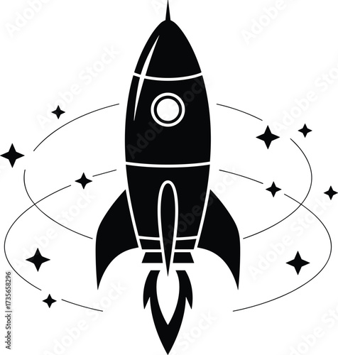 Black Silhouette Rocket Ship with Stars and Orbit Lines spaceship