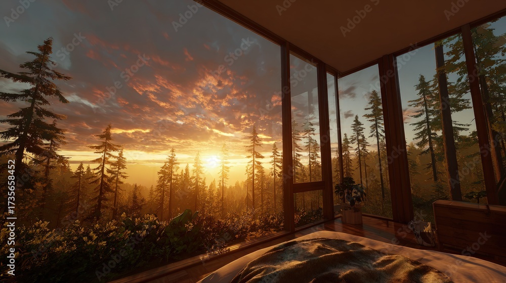 Obraz premium Pixel Art Sunset View From Window Cabin