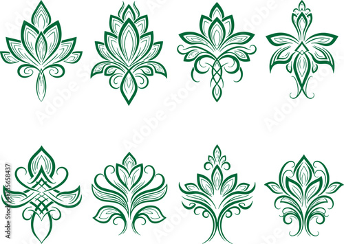 Collection of eight ornate teal floral decorative elements perfect for design projects