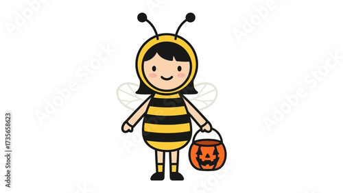 Cute Bee Costume: A charming little girl dressed in a whimsical bee costume, radiating joy and innocence, ready to collect candies with her jack-o'-lantern bucket.