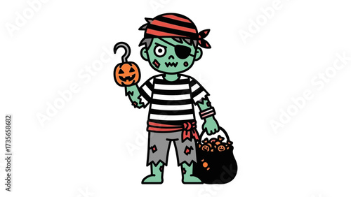 Pirate Zombie at Halloween: A playfully spooky pirate zombie, blending classic Halloween and nautical themes, holds a carved pumpkin and a bag of treats, all rendered in vivid.