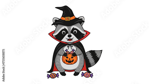 Halloween Raccoon Costume: A cute raccoon, dressed in a Halloween costume, holds a carved pumpkin while standing confidently, exuding spooky cheer and festive charm. 
