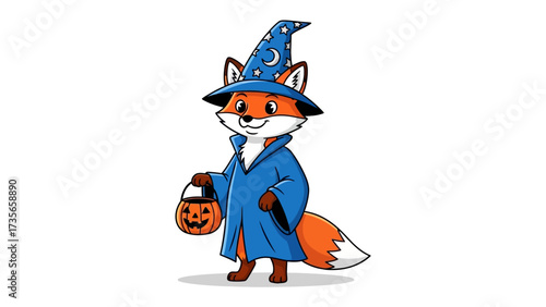 Fox in a Witch's Costume: A cute cartoon fox, dressed as a charming witch with a pointed hat adorned with stars and moon, cheerfully carries a Halloween pumpkin basket.