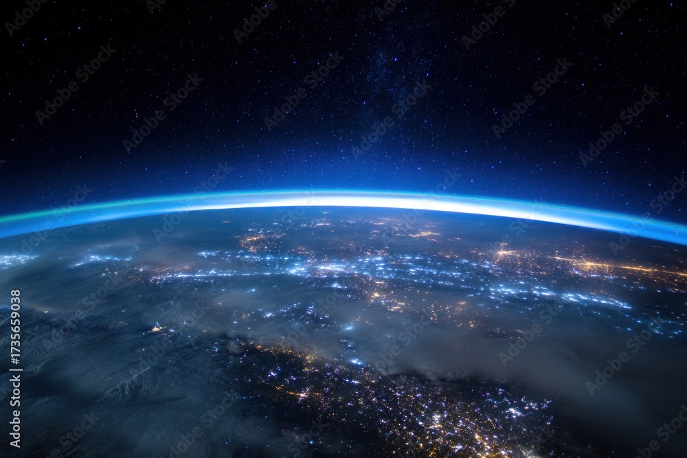 Fototapeta premium Earth from Space - A Stunning View of City Lights and Atmosphere.