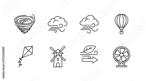 Set of weather and wind-related icons including tornado cloud hot air balloon and kite vector