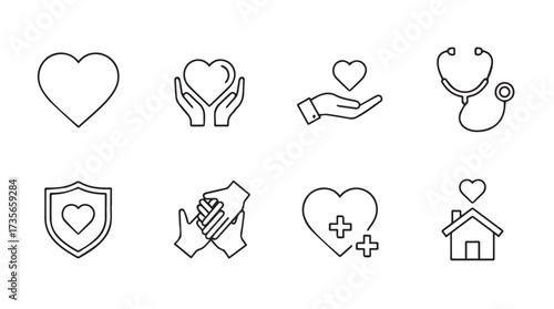 Healthcare icons heart symbol stethoscope shield hands love care and medical symbols collection vector