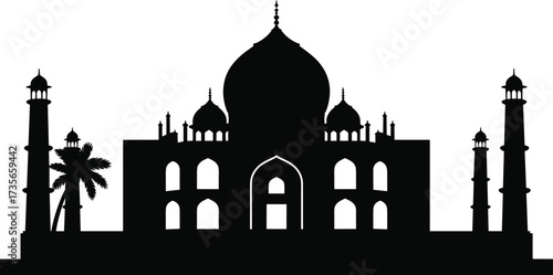Taj Mahal Silhouette Icon with Palm Tree and Minarets on White Background untitled