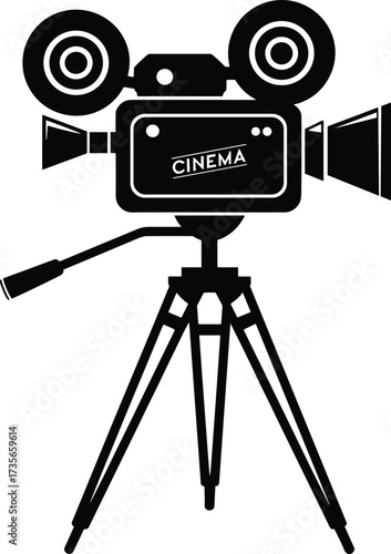 Vintage Cinema Film Camera on Tripod Silhouette Icon movie video