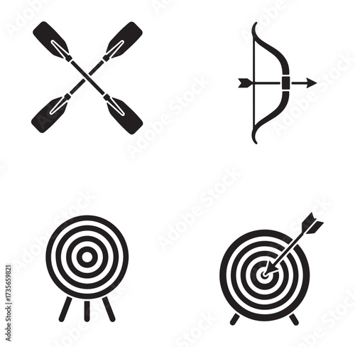 Set of black and white icons featuring rowing paddles bow and arrow and target practice