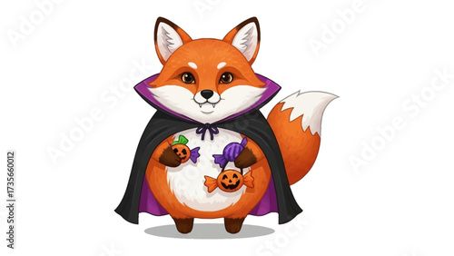 Whimsical Fox Halloween Delight: A charming, cartoonish fox, costumed in a cape and holding a pumpkin, brings the spirit of Halloween to life with a touch of fun and fantasy.
