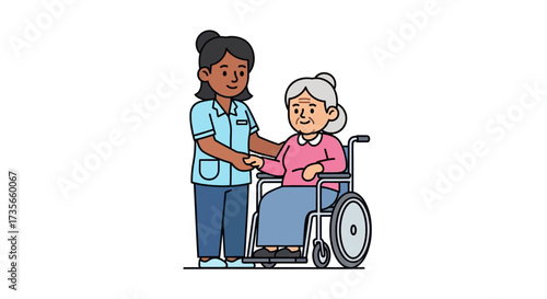 A caregiver assists a smiling elderly woman in a wheelchair, offering support and companionship.