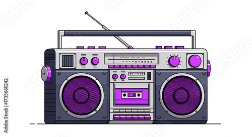 A stylized illustration of a retro boombox with purple and silver accents, isolated on white.